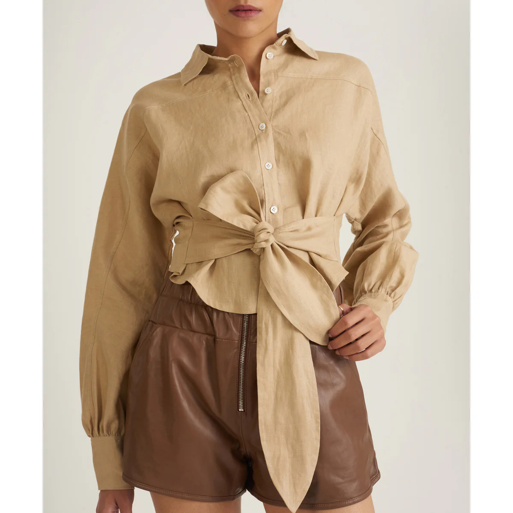 New Marissa Webb Sand Linen Cropped Button-Up Shirt - Size XS